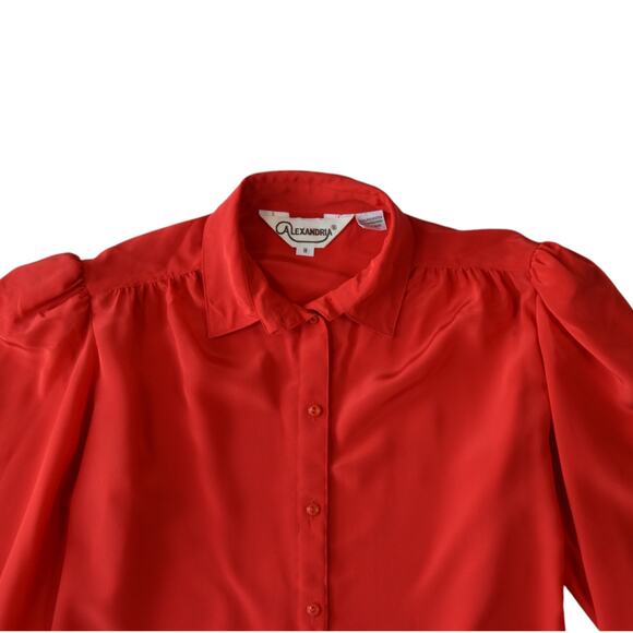 Vintage 80s Red Satin Blouse with Long Puff Sleeves - Size 8 - Picture 2 of 5